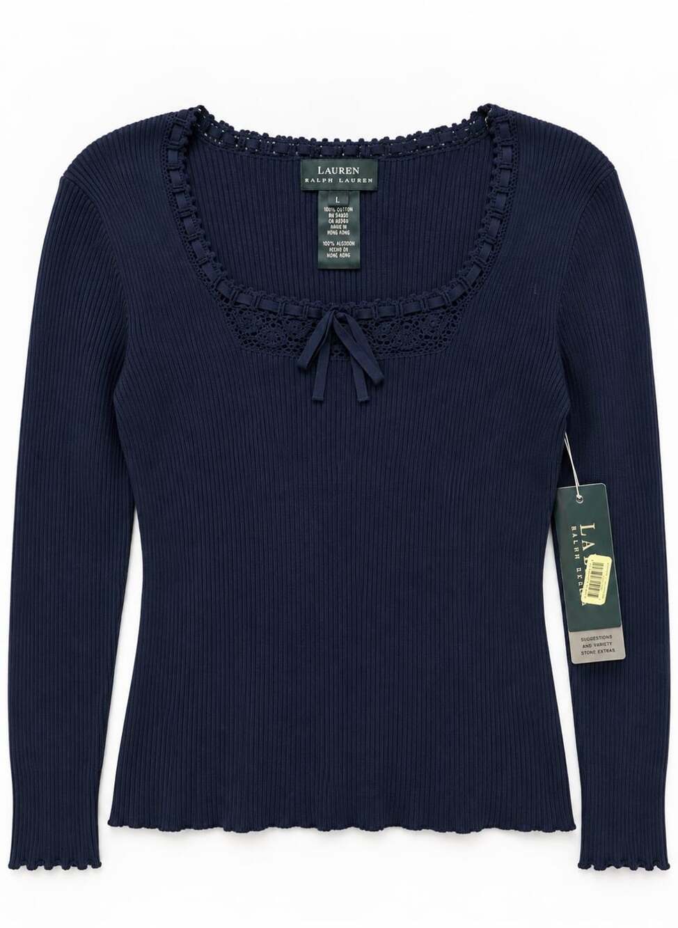 Vintage Lauren Ralph Lauren Glen Canyon Navy Ribbed Lace Bow Top L NWT Unworn